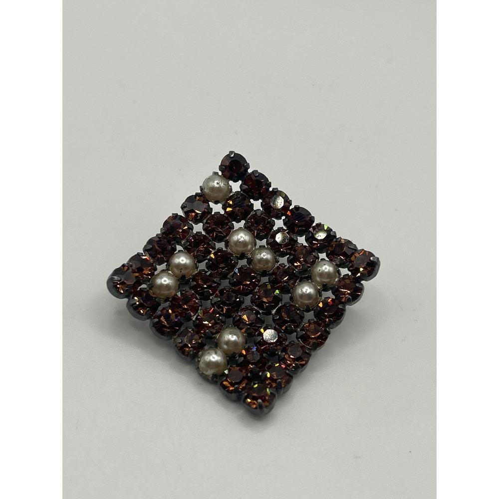 Vintage Brown Rhinestone Faux Pearl Brooch Pin Diamond‎ Costume Jewelry